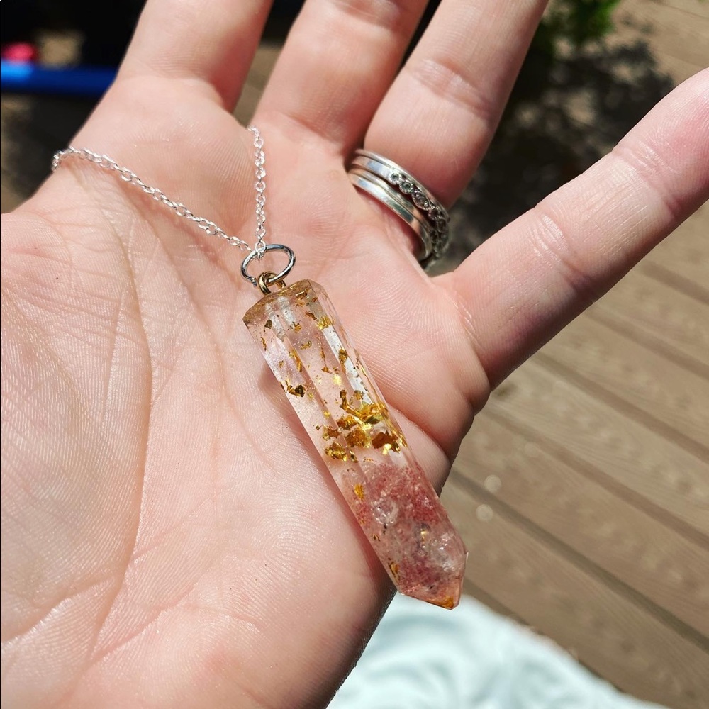 Rose quartz and gold flake prism necklace